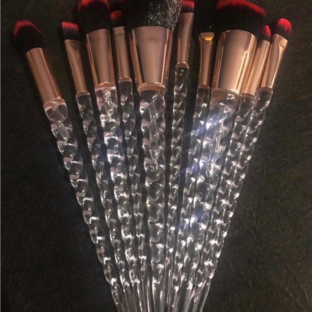 Clear Handle Makeup Brush Set with Rose Gold Ferrules. New, set of 10